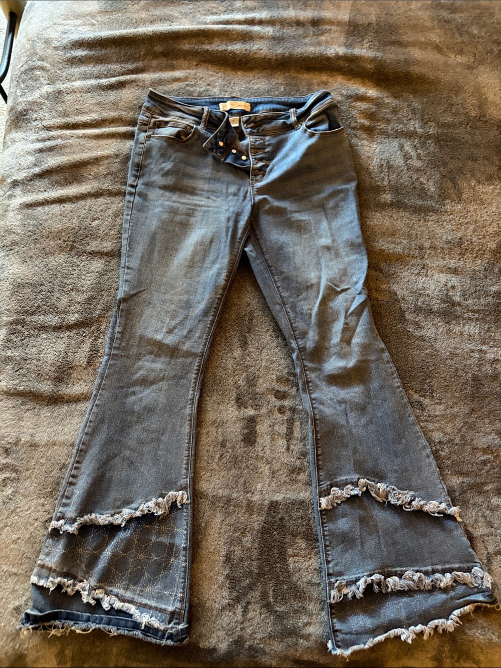 Gray Distressed Flare Jeans with Frayed Hem